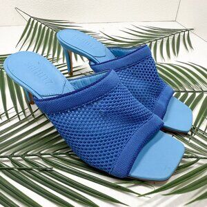 Schutz Blue Mesh Sinara Knit Heel Sandals 7B Square Toe Slip-On Summer Shoes